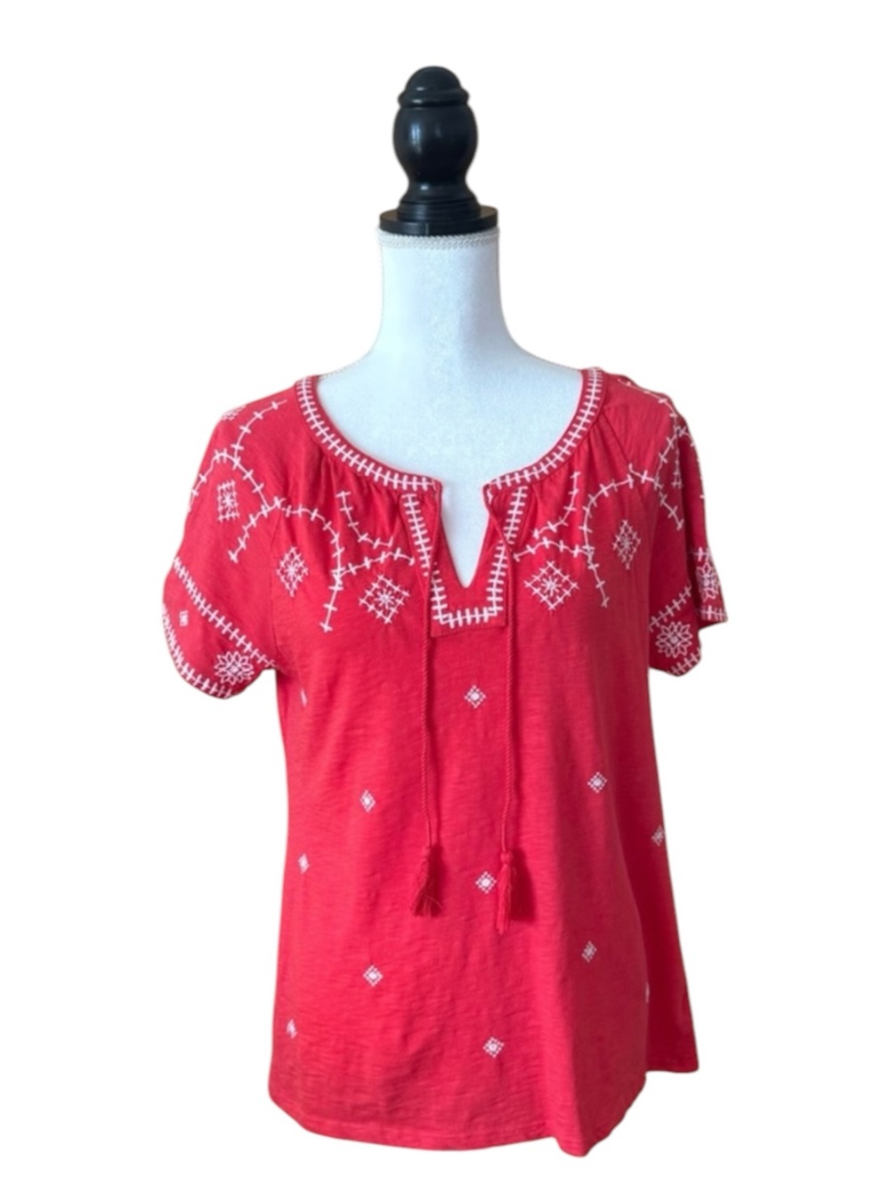 Talbots Embroidered Cotton Boho Tassel  Peasant Top Coral Red Size Small